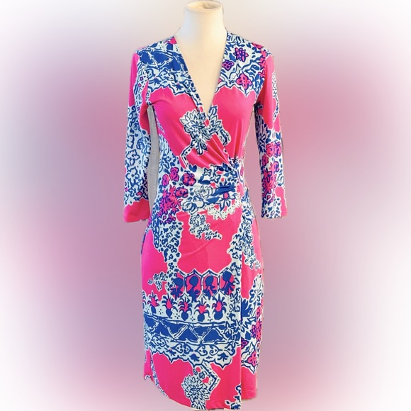 Lilly Pulitzer ๐ชท Pop Pink ON THE SQUARE YVETTE DRESS V-Neck Faux Wrap - Picture 3 of 5